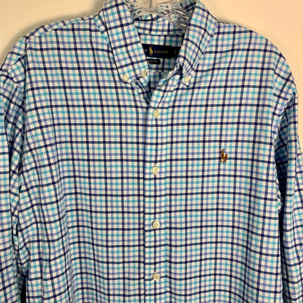 Ralph Lauren L Button Down Shirt Blue Plaid Excellent Classic Fit Long‎ Sleeve